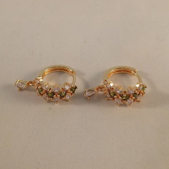 18K Yellow Gold Filled Olive Green Diamond Zircon Hoop Dangle Earrings - Picture 3 of 7